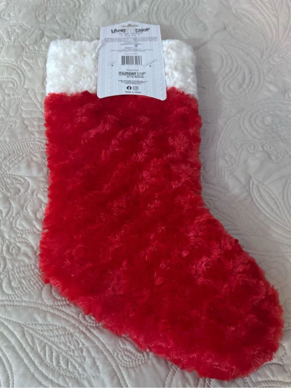 Multipet Lamb Chop Dog Toy Christmas Stocking Red White Fuzzy Plush 17